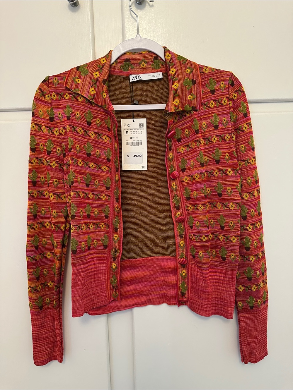 NWT Zara Pink Striped Cactus Floral Cardigan Collared